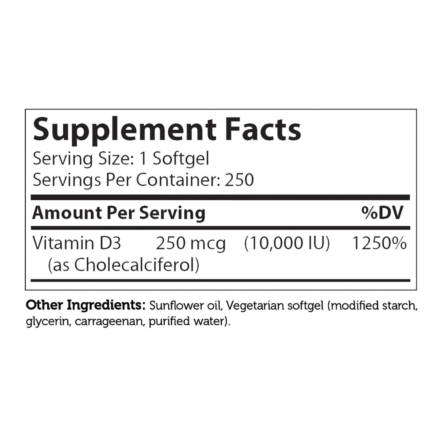 Vitamin D3 10000 IU - 250 Softgels (250 Servings)
